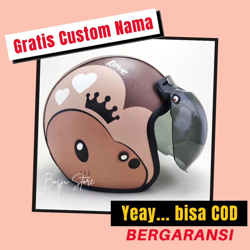 Helm Bogo Motif Anjing Coklat Brown | Custom Warna Nama | Hlem Retro Klasik Anak Cewek Wanita Remaja