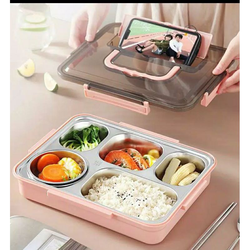 Kotak Makan Lunch Box 5 Sekat  Box Stainless Anti Tumpah Dan Tahan Panas Tempat Makan Sekolah Kantor Tas Bekal Makanan