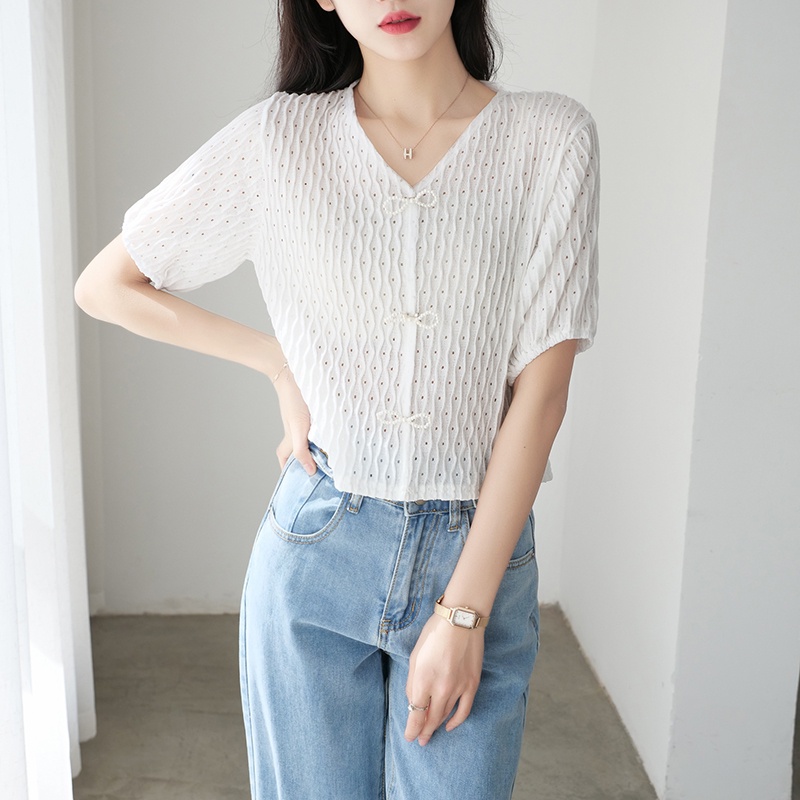 【Elegant】Soft Knitted Solid Faux Pearl Decor V-Neck  T-Shirt  7378