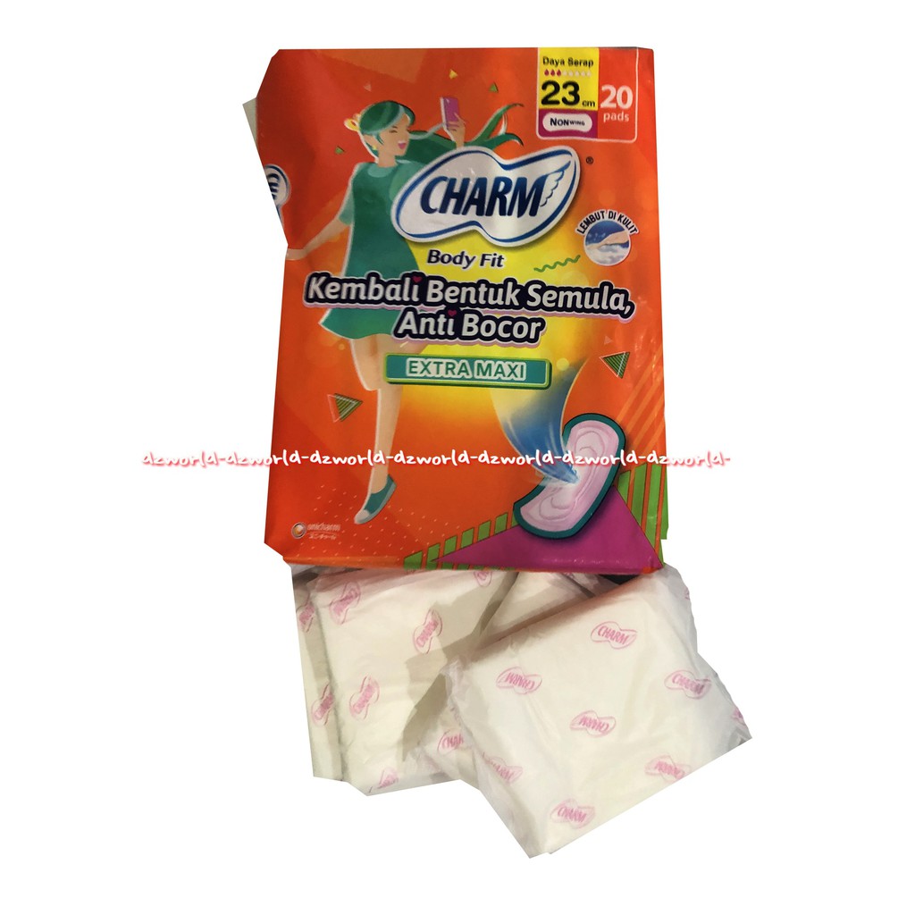 Charm Body Fit 23cm Extra Maxi 20pcs Pembalut wanita Anti Bocor  Kembali Bentuk Semula Carm