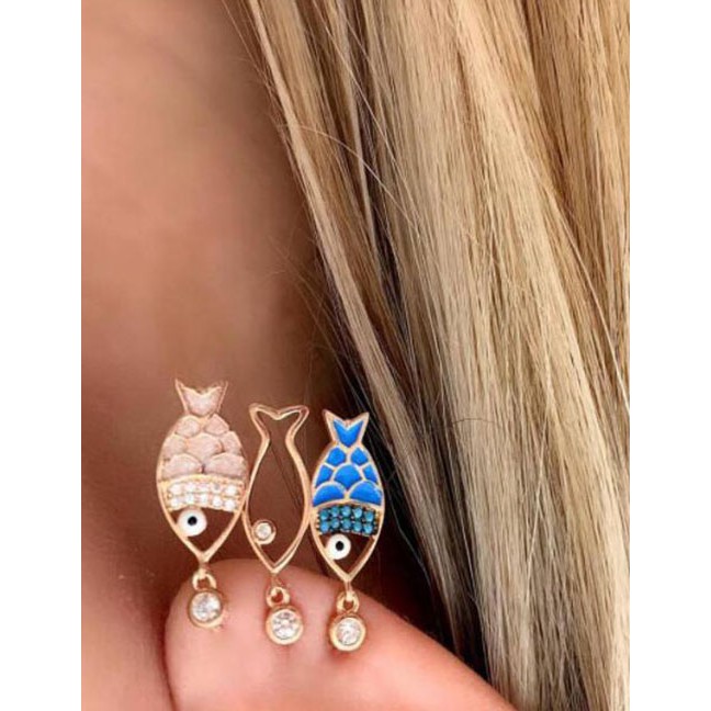 LRC Anting Tusuk Fashion Small Fish Diamond-set Hollow Fish Earrings Set Of 3 F67376