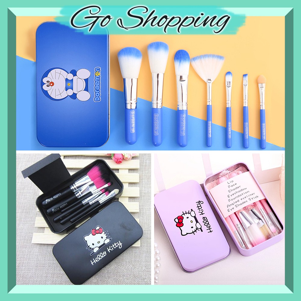 GO! KM053 SET KUAS MAKE UP WANITA HELLO KITTY DORAEMON BRUSH 7 IN 1 SET MAKE UP TOOLS PRAKTIS COD