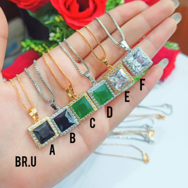 Fourfashion Kalung+Liontin Dewasa Batu Permata Kotak Kekinian PD108