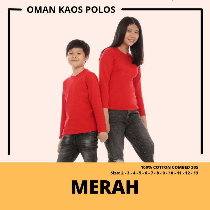 KAOS POLOS ANAK COTTON COMBED 30S REGULAR FIT KIDS LENGAN PANJANG. MERAH