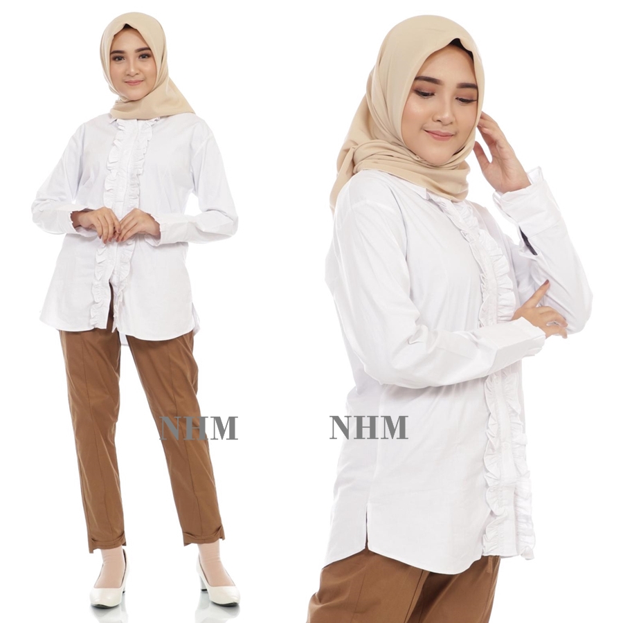 NHM Kemeja Putih Polos JUMBO Rempel FULL , Kemeja Wanita Baju Kantor Formal Kerja Cewek