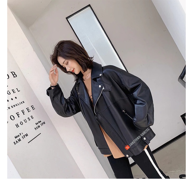 JNK x VANESA - Jaket Kulit Wanita Oversize Casual Branded Bahan Semi Kulit Sintetis Viena Faux Synthetic Leather Premium Original Jacket Oversized Women Ladies Longgar Zipper Resleting Lengan Panjang Cewek Perempuan Outwear Atasan Kulit Oscar Imitasi 2021