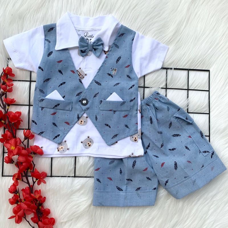 Baju stelan kemeja rompi sambung celana pesta undangan fashion anak bayi