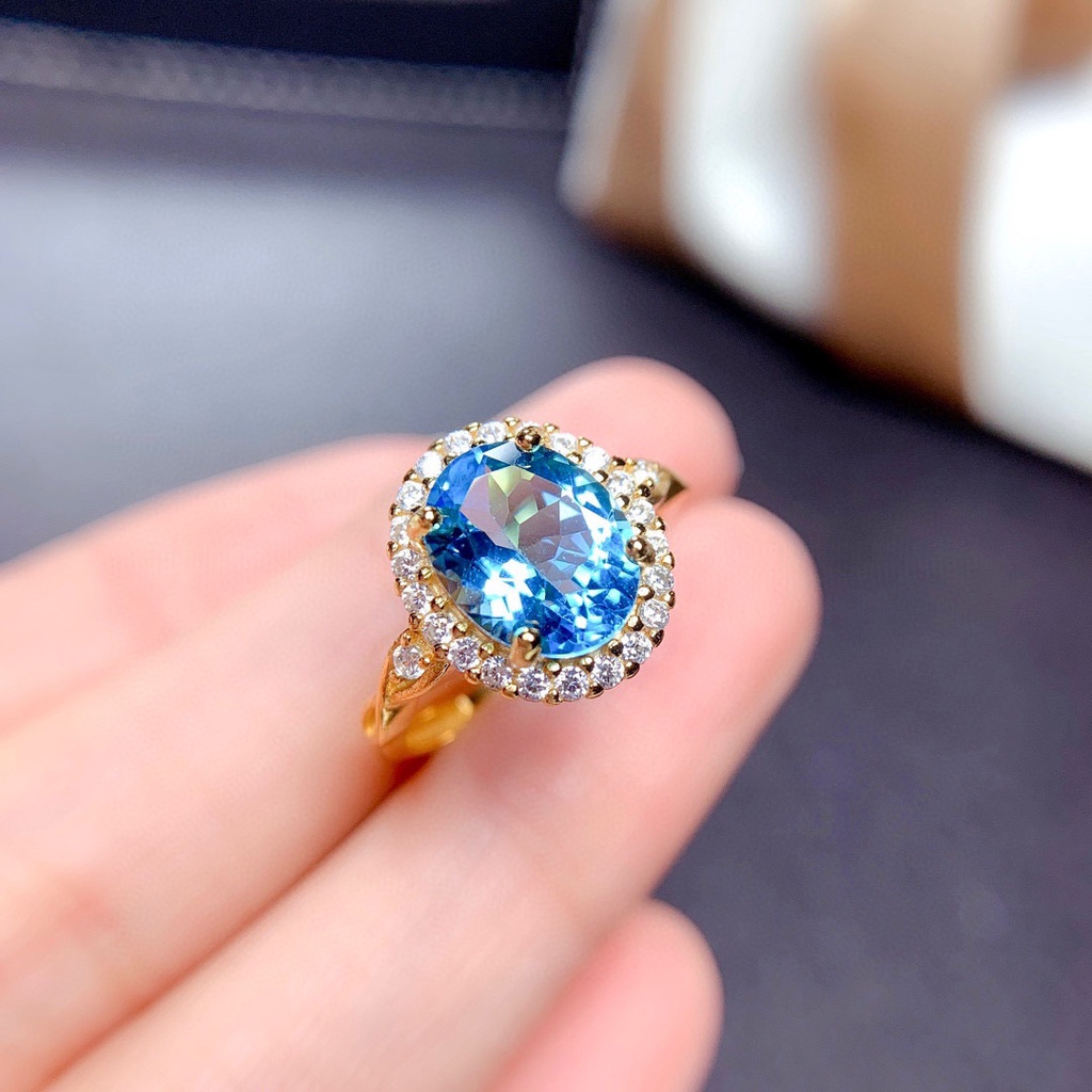 Cincin Batu Permata Biru Berlapis Emas Perak 925 Wanita