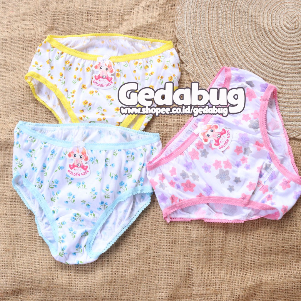 6 Pcs - Celana dalam anak Golden Nick 043 Print Tepi Renda | CD anak Girl | Gedabug