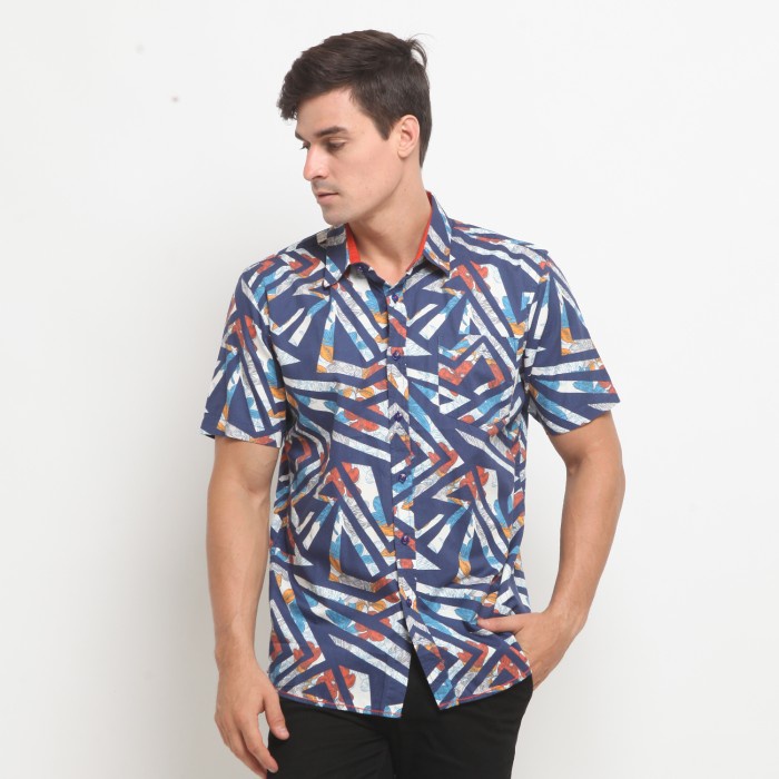 POLICE Kemeja Printing Abstrak Regular Fit Pria - Tersedia Big Size - Biru, M