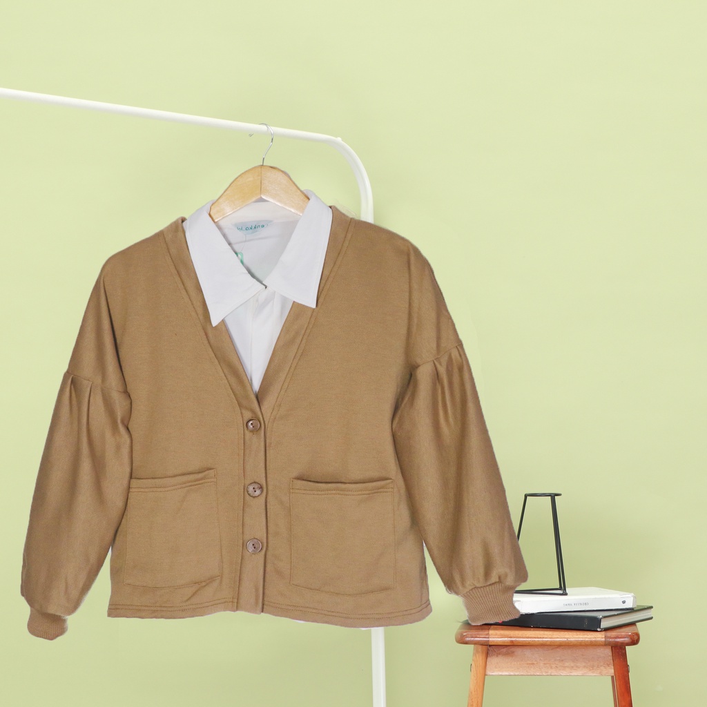 Sweater wanita model kardigan outer Lengan Puffy Pakaian wanita Casual korea-Cardigan Mocca
