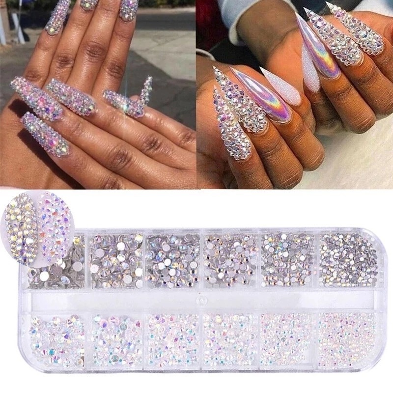 12 Grid / Set Ornamen Kristal Berlian Imitasi 3D Glitter Kaca Gem Sequins AB Untuk Dekorasi Nail Art