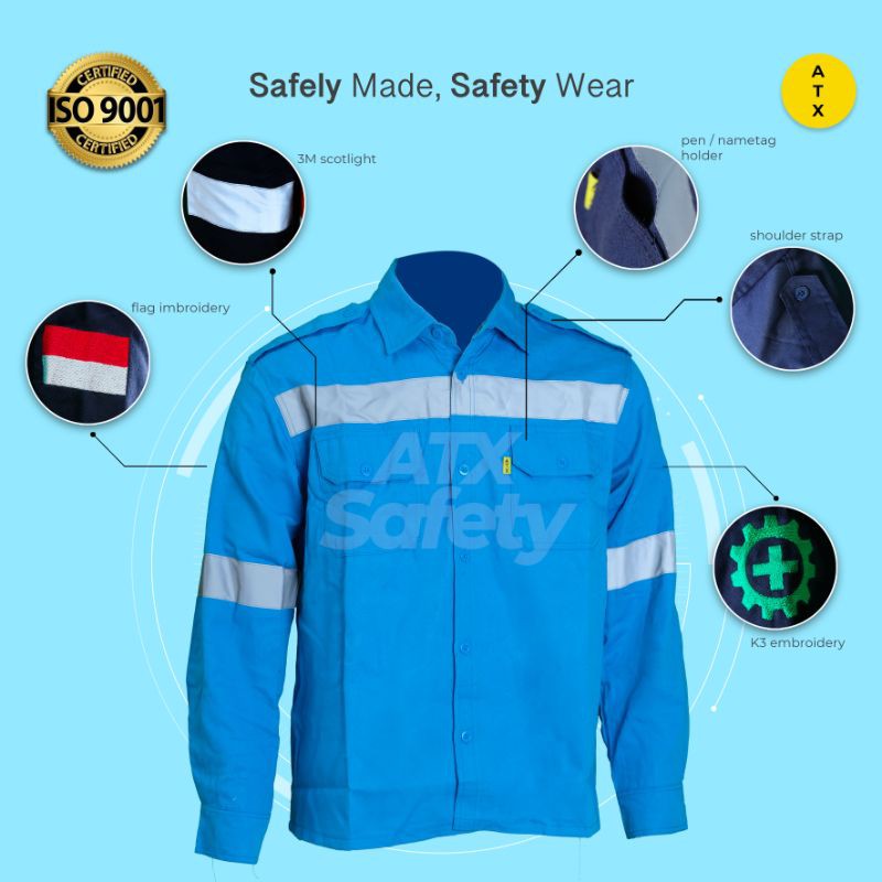 Wearpack Safety Baju Kerja Lapangan Lengan Panjang Merk ATX Biru PLN