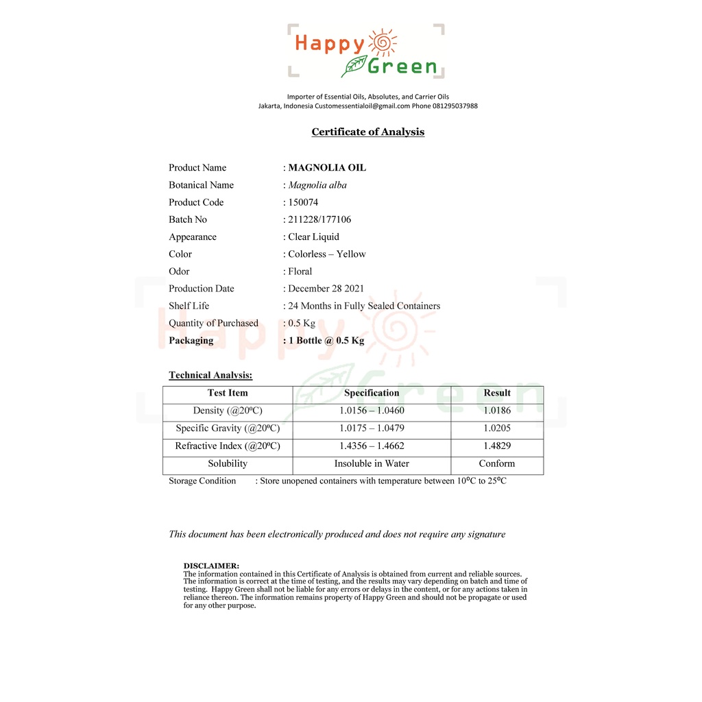 BPOM Happy Green Magnolia Essential Oil  - Minyak Bunga Michelia Alba Cempaka Putih Kantil 100% Murni Garansi Uang Kembali