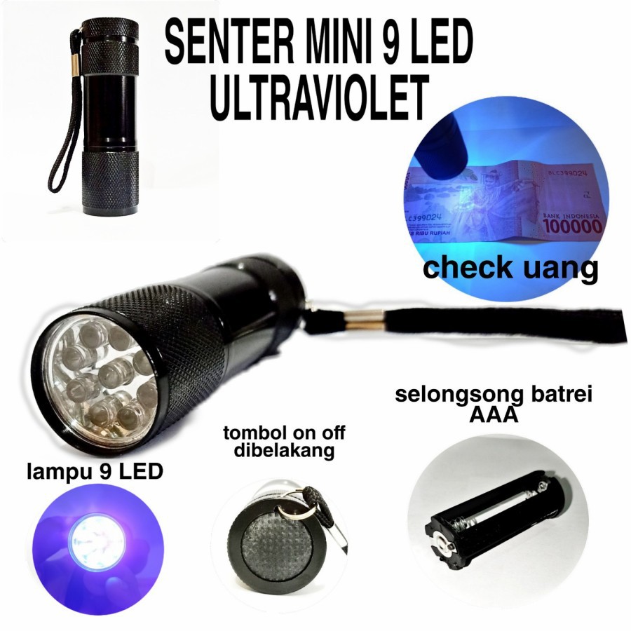 SENTER MINI 9 LED ULTRAVIOLET UNTUK CHECK UANG DLL FLASHLIGHT