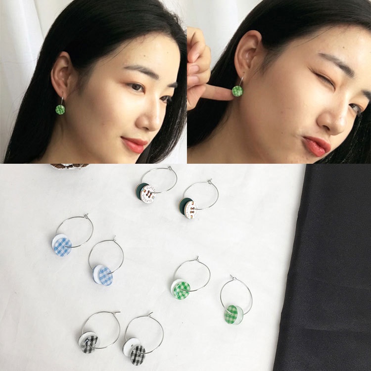 Jepang Korea Gaya Baru personalized sederhana warna kotak-kotak tombol anting-anting giwang telinga