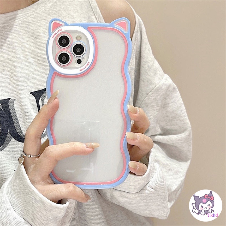 Compatible For iPhone 14 13 12 11 Pro Max SE2020 X XR Xs Max 7 8 6 6s Plus Case Cute Candy Color Cat Ears Wavy Edge Phone Case Soft Protection Cover