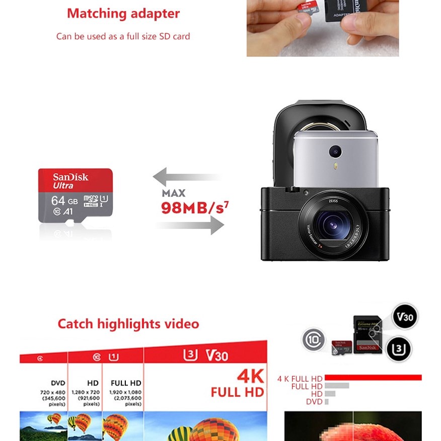 [Free Adapter] Memory Card 256GB SANDISK CLASS 10 100Mbps 128gb 64gb MicroSD Kartu Memori sd card