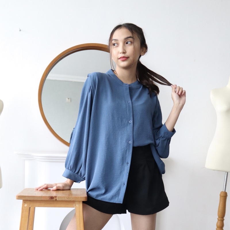 MSMO River Blouse Oneck Longsleeve / Blouse Wanita / Kemeja Kantor / Kemeja Crinkle / Kemeja Lengan Panjang-Teal blue