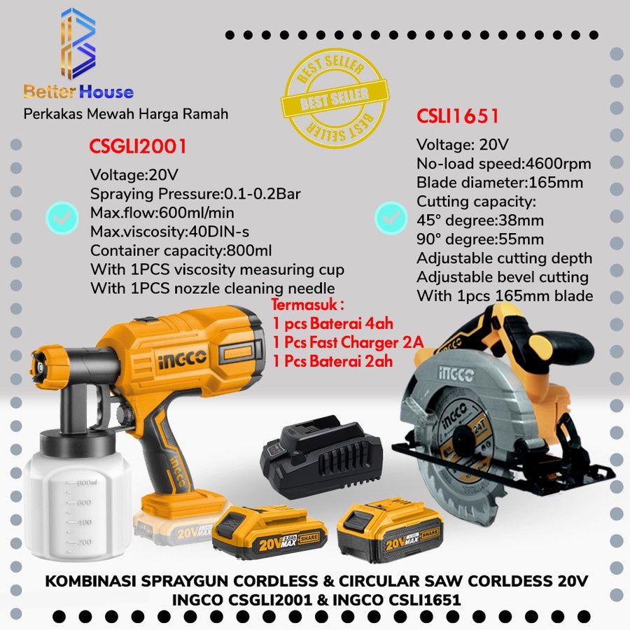 PAKET SPRAY GUN & CIRCULAR SAW CORDLESS 20V INGCO CSGLI2001 CSLI1651 YOG