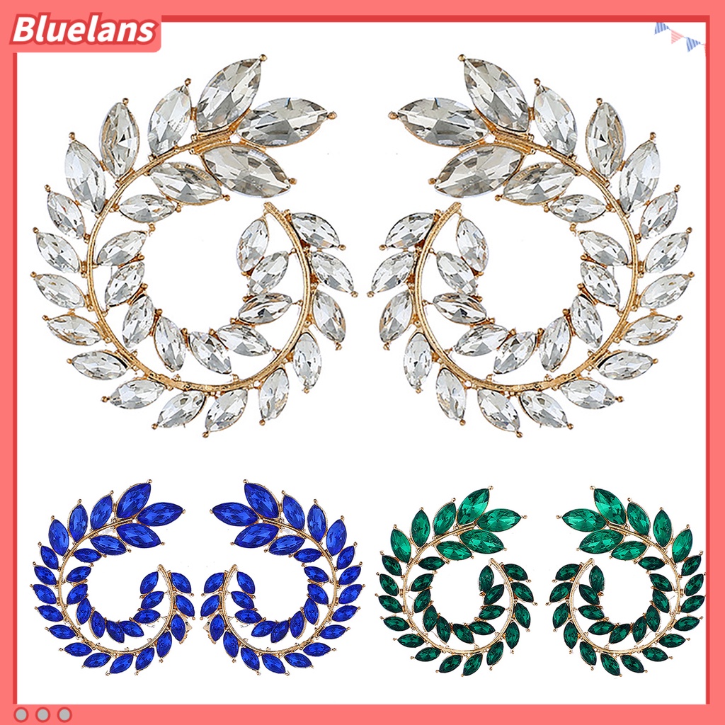 Bluelans 1 Pasang Anting Stud Cubic Zirconia Bentuk Cabang Daun Geometris Bulat Bahan Alloy Untuk Wanita