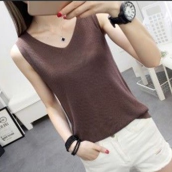 Tank Top Rajut Import Kombinasi Kaos V Neck Kaos Rajut Longgar Atasan Rajut Kaos Rajut