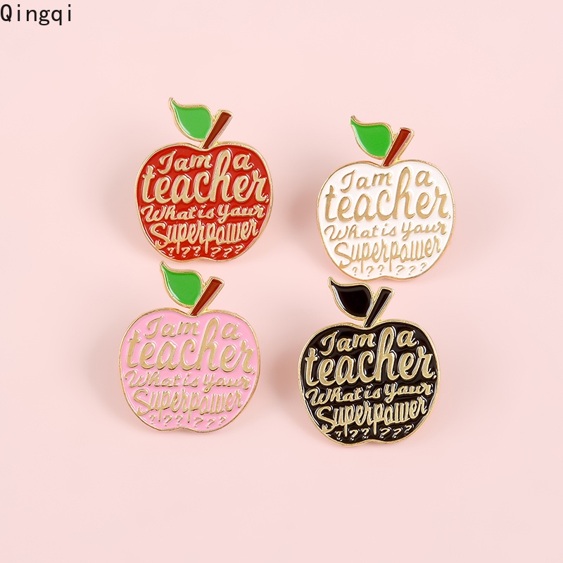 Bros Pin Enamel Desain Kartun Buah Apel Merah Muda Tulisan I Am A Teacher