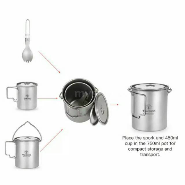 Tomshoo titanium set 3pcs pot 750ml cup 450ml spork ultralight camping outdoor