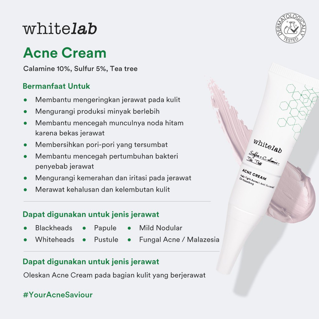 [ORI] Whitelab Acne Cream dengan Kandungan Utama Calamine + Sulfur + Tea Tree AMPUH Mengeringkan Jerawat &amp; Mengurangi Produksi Minyak Wajah - 10ML BPOM