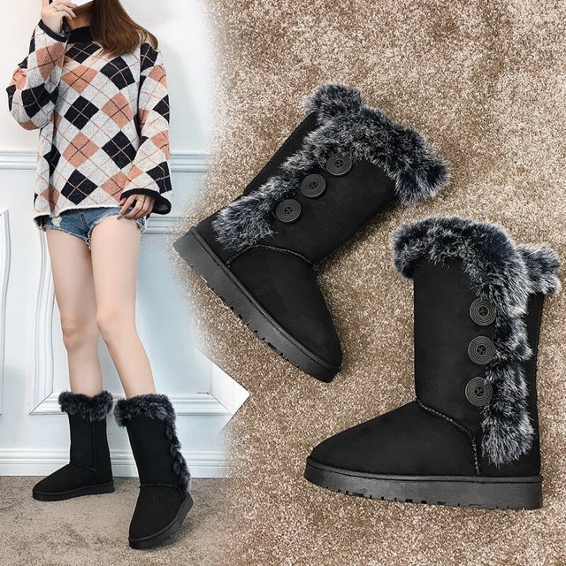 IMPORT MOLLAD Boots button Sepatu Boots Winter Import Musim Dingin Bulu Fur Suede