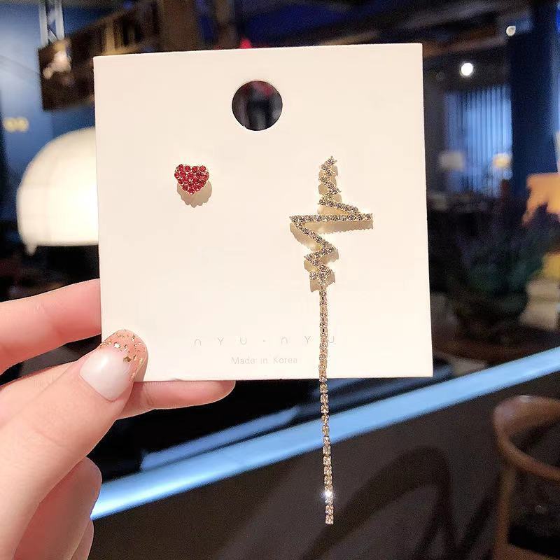Korea sterling silver jarum kepribadian berlian stud anting-anting Merah gaya baru cinta jantung stu