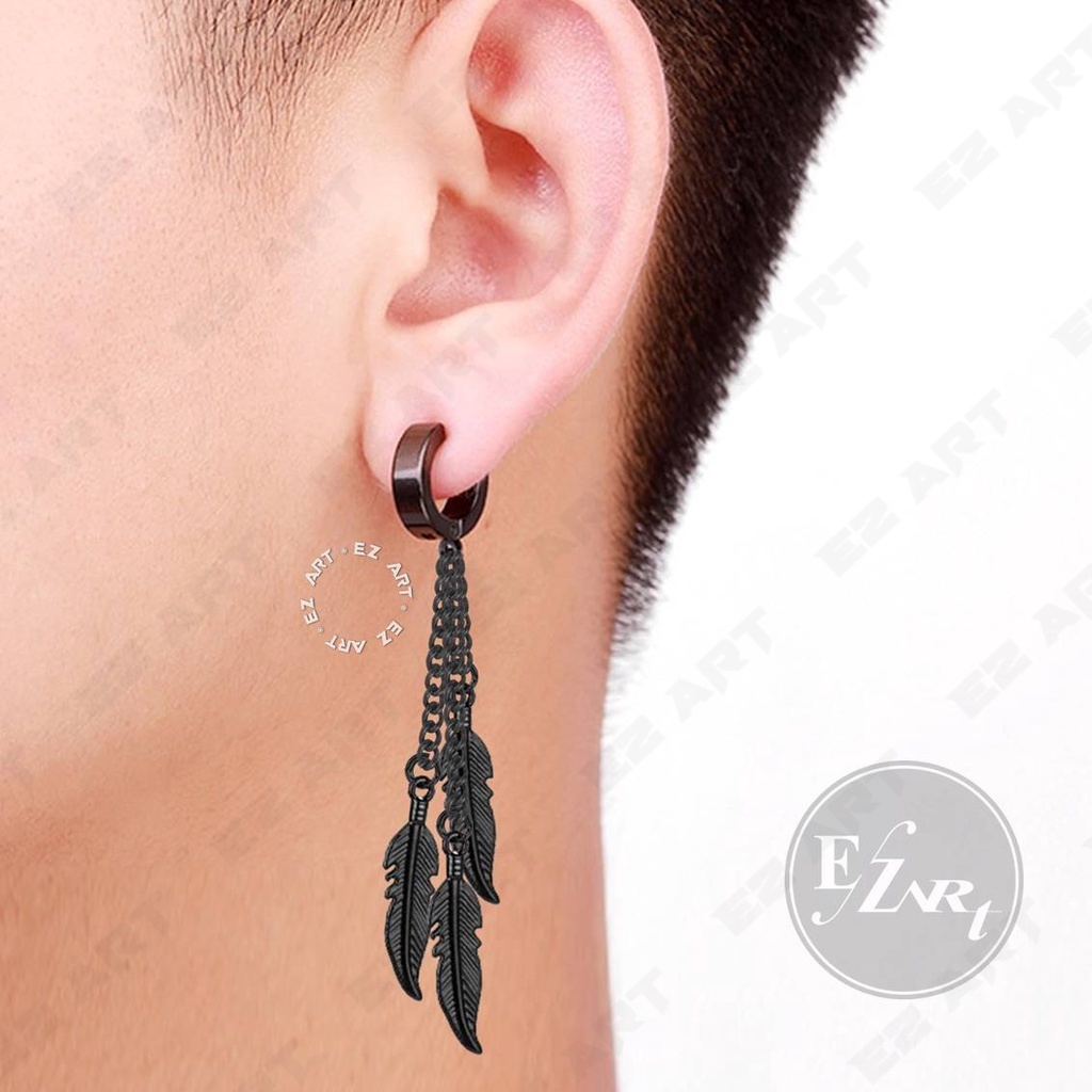 1Pc EZ-BT ANTING RUMBAI BULU RANTAI HITAM TRIPLE BLACK FEATHER JEPIT TUSUK PRIA WANITA KPOP BTS