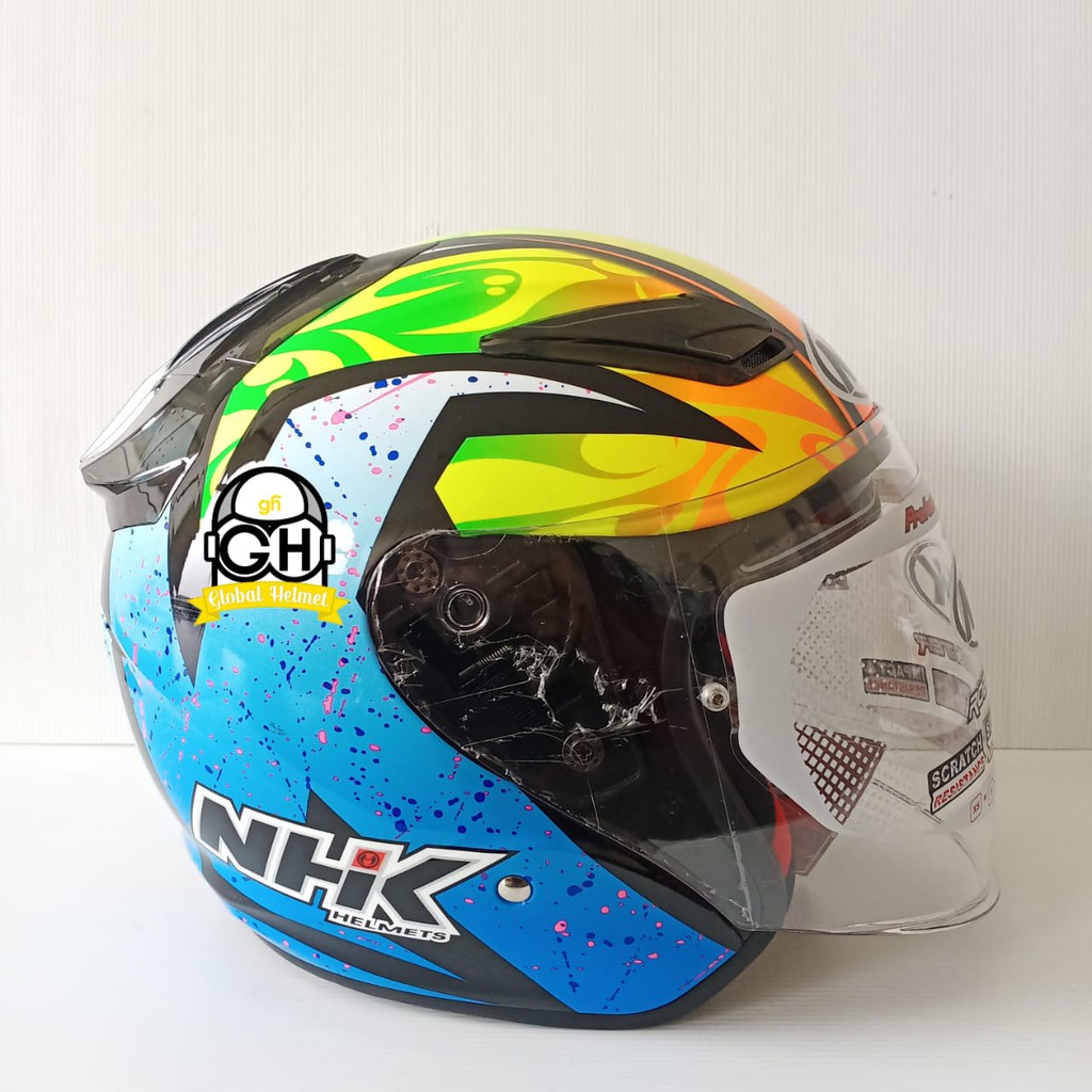 HELM NHK R1 SE KAREL WINTER BLACK BLUE DOUBLE VISOR HALF FACE