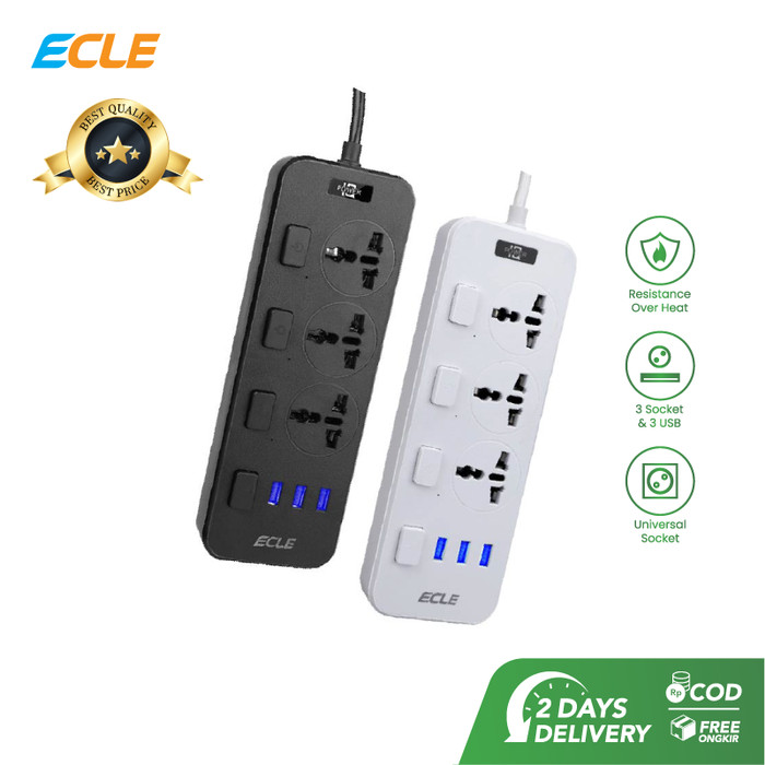 ECLE Power Strip Stop Kontak 3 Power Socket 3 Smart USB Port - Putih