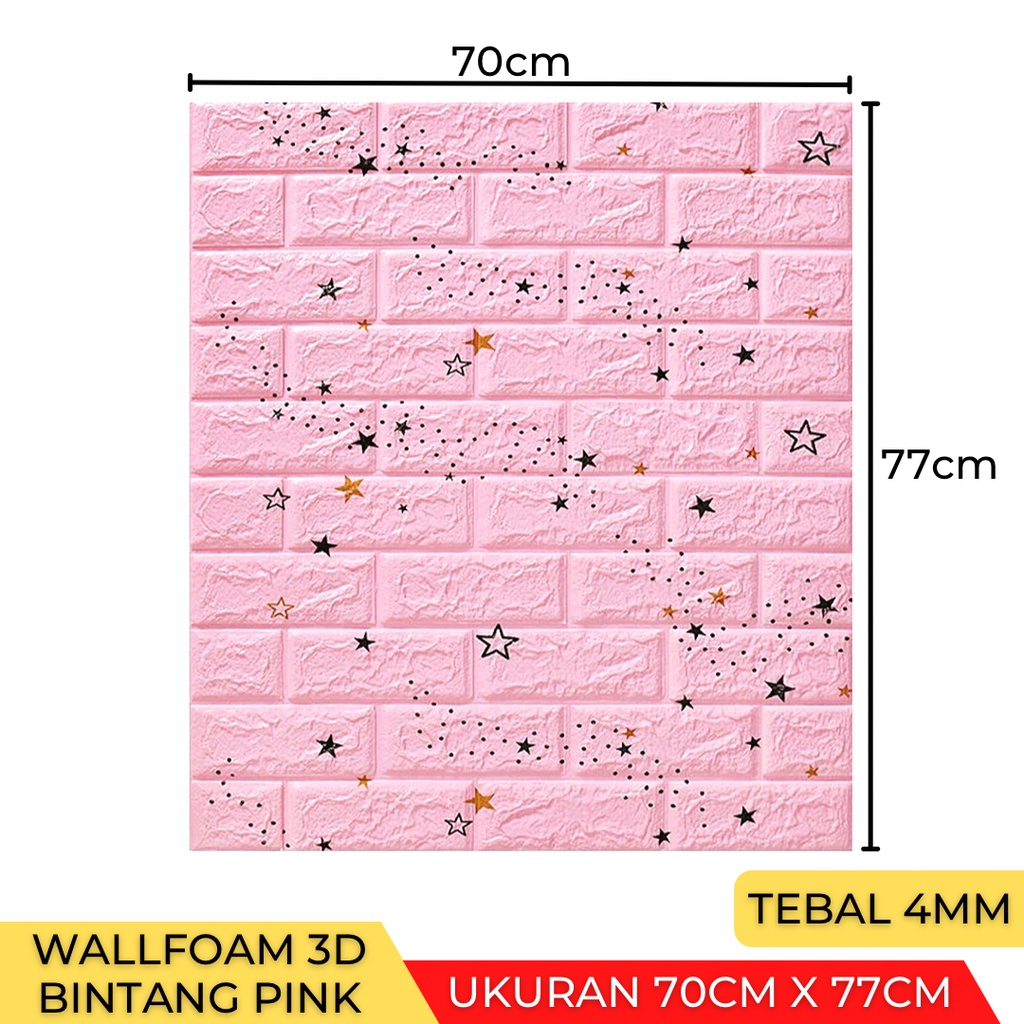 Wallpaper Stiker Dinding 3D Foam Batu Bata Brick 70 x 77cm-Bata Bintang Pink