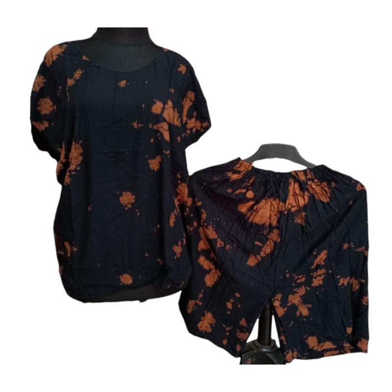 ONE SET TIE DYE SETELAN WANITA CELANA PENDEK RAYON XL BABYDOLL BALI KEKINIAN TIEDYE MOTIF KOPI-Td hitam