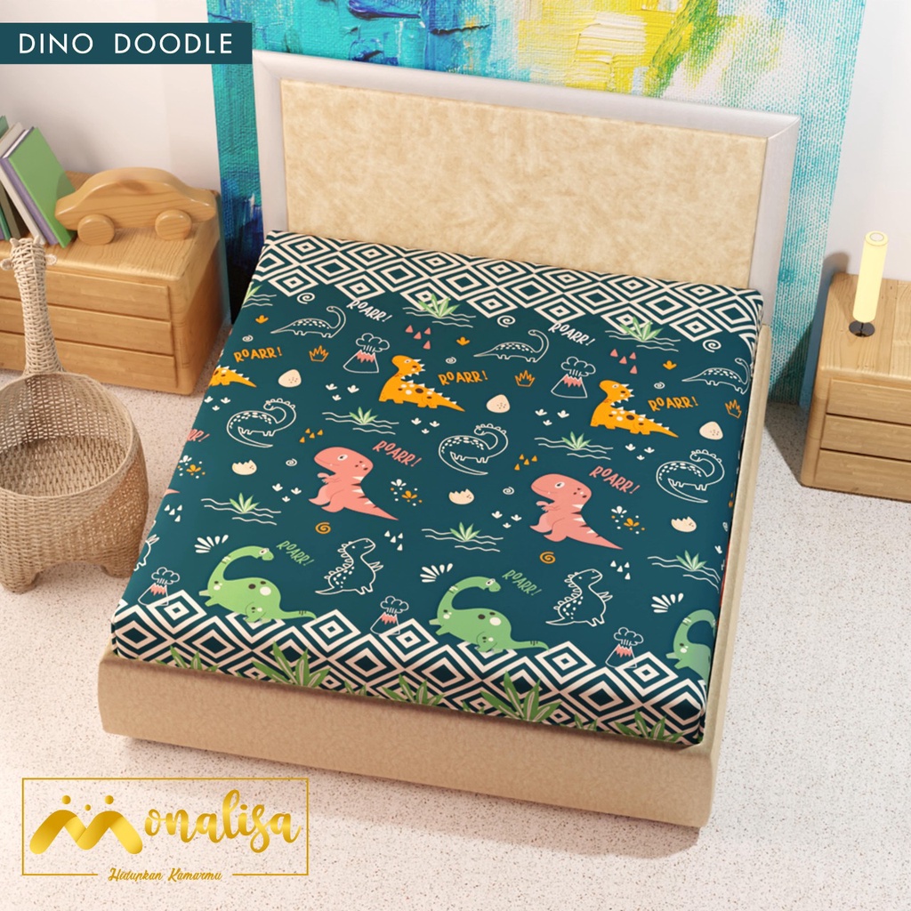 SPREI WATERPROOF MONALISA MOTIF KARAKTER UKURAN 180X200,160x200-dino doodle