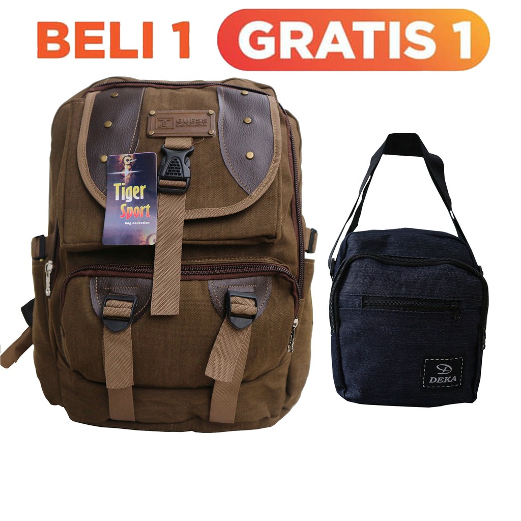 BELI 1 GRATIS 1 - BACKPACK KANVAS EGERTON TAS RANSEL SPORTY PRIA BONUS SELEMPANG DEKA DERECK JEANS