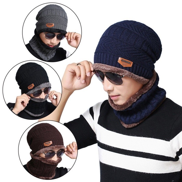 Topi kupluk dan Syal bulu musim dinginWinter All size hat scarf