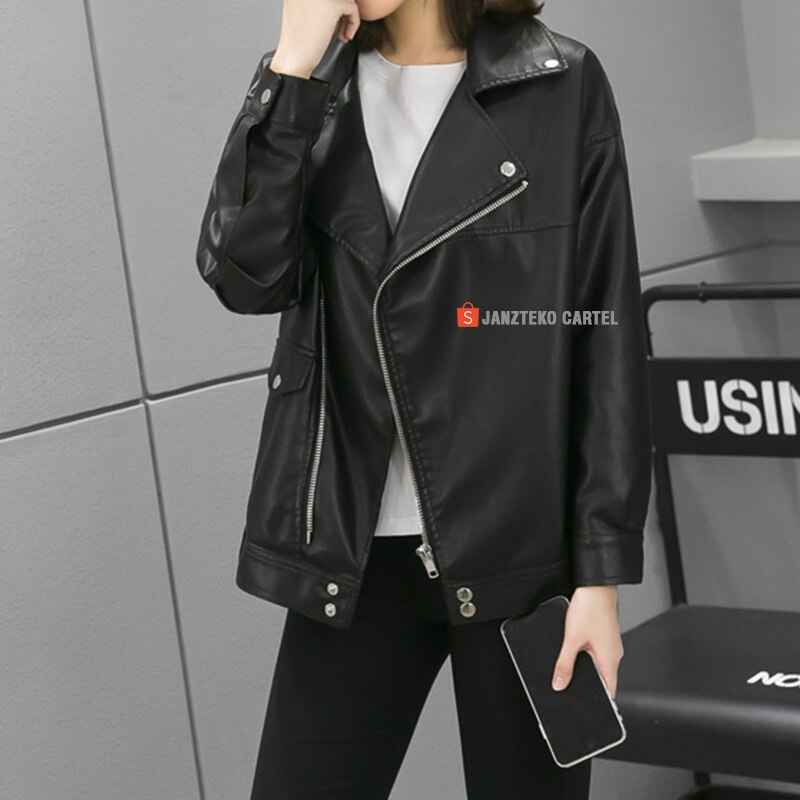 JNK x LODRI - Jaket Kulit Wanita PU Longgar Vintage Jaket Longgar Gaya Jalanan Mode Jaket Ukuran Besar Punk Style Moto High Street Pakaian Kasual Cewek Perempuan Modis Korea KPOP Viral Zipper Leather Jacket Oversize Original Premium Import Acara New 2022