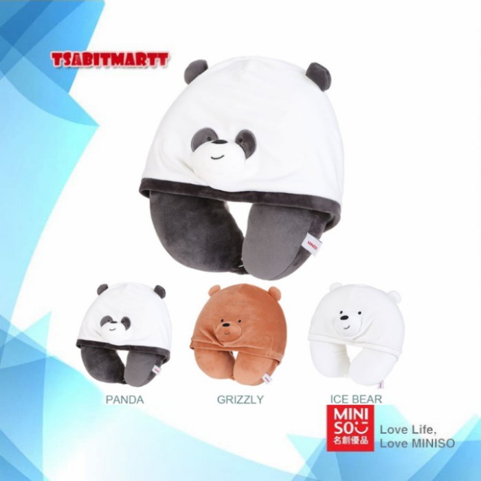 Bantal Leher - Miniso We Bare Bears U-Shaped Pillow With Hood Bantal Leher Ada Hoodie