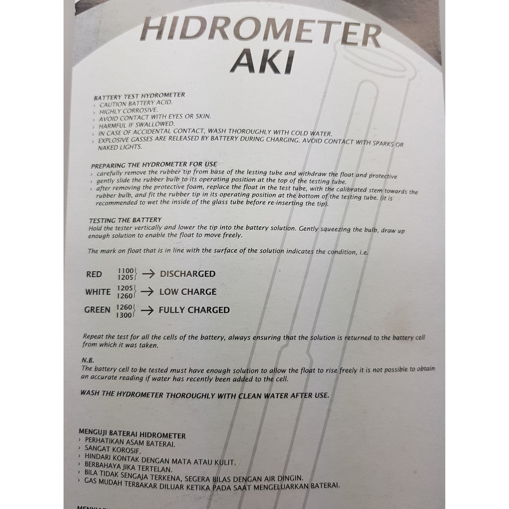 Battery Hydrometer / tester aki Merk ZEKI