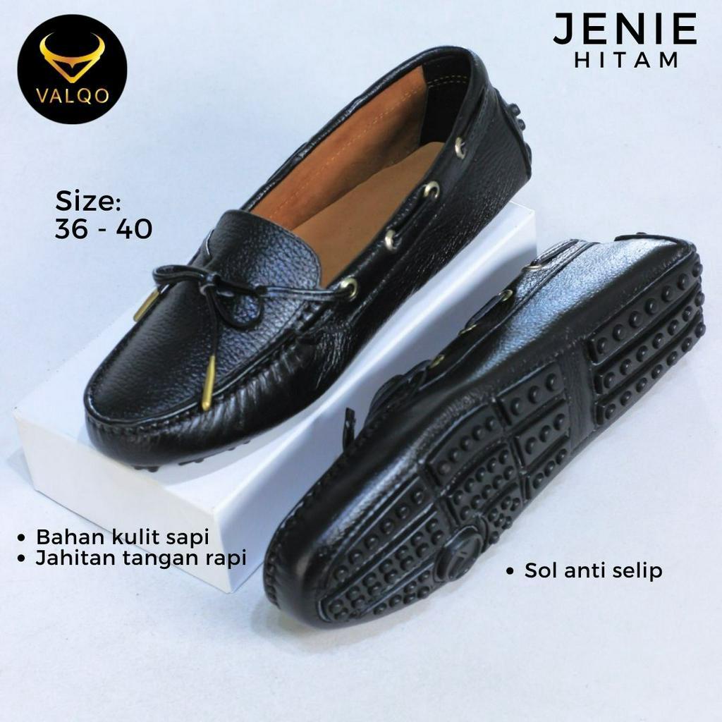 [VALQO] JENIE Hitam Sepatu Kulit Sapi Wanita Kantor Santai Loafer Flat Shoes Sole Anti Selip