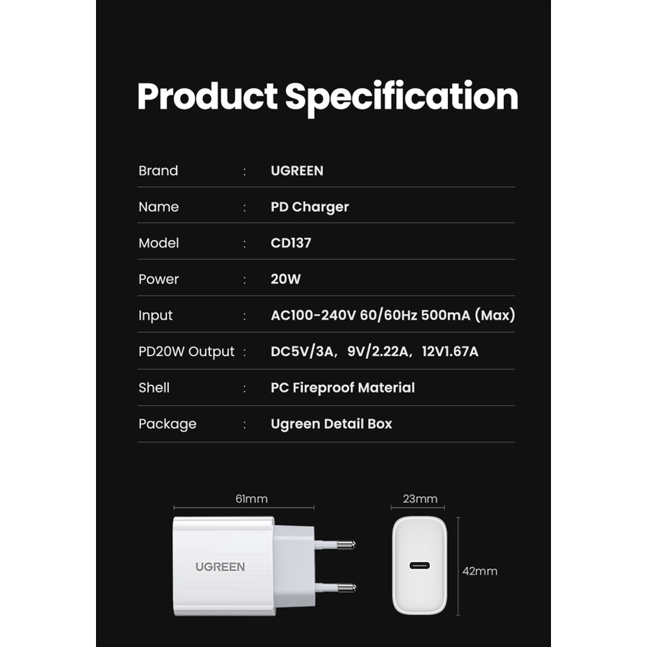 Ugreen PD 20W Quick Charge QC 4.0 3.0 USB Tipe C Untuk iPhone 14 13 pro Max 13 / 12 / 11 / XS / XR / 7 plus / 8 plus / X