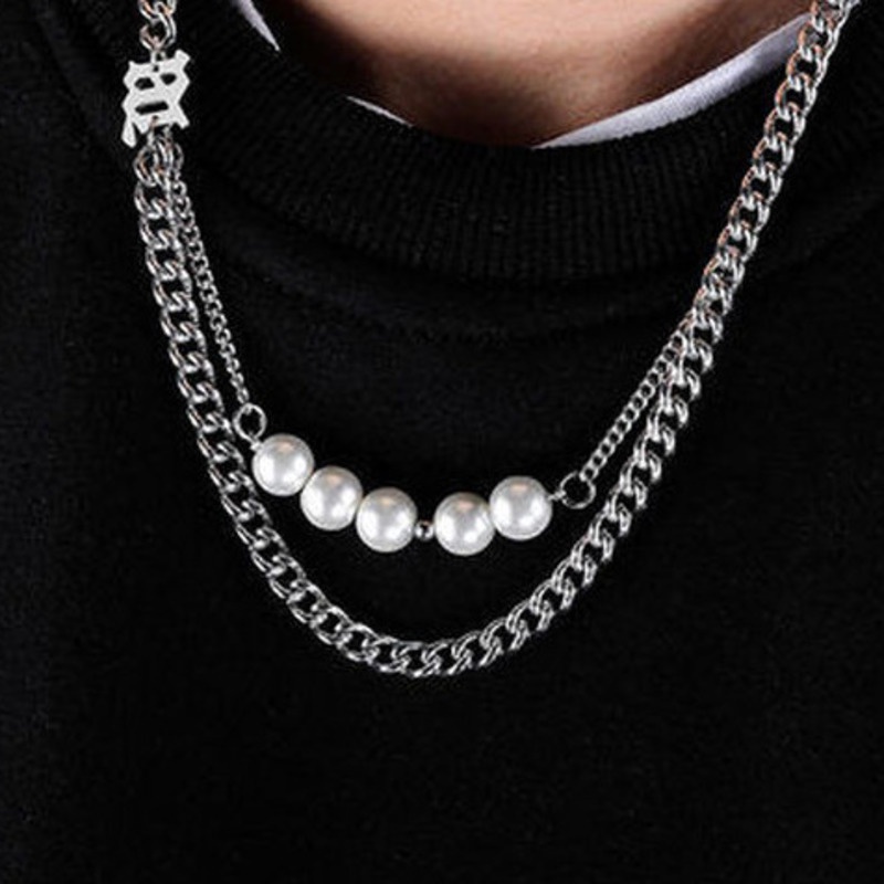 Pearl Double Necklace Accessories Pendants Hip Hop Trendy Titanium Steel