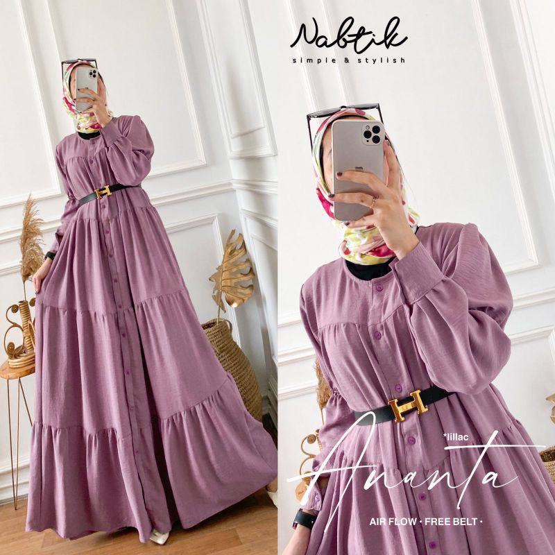 Ananta Gamis -Gamis Susun Crinkle Airflow Premium Lengan Panjang Baju Wanita Muslim Kekinian LD 110 Cm Free Belt