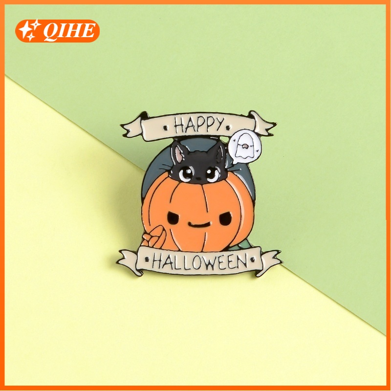 Bros Pin Enamel Desain Labu Halloween Kucing Hitam Dan Hantu Untuk Pria Dan Wanita