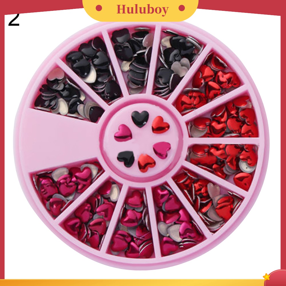 Huluboy Huluboy♡ 1 Kotak Roda Isi Stiker Rivet Bentuk Hati Bahan Metal Warna Campur Untuk Nail Art DIY
