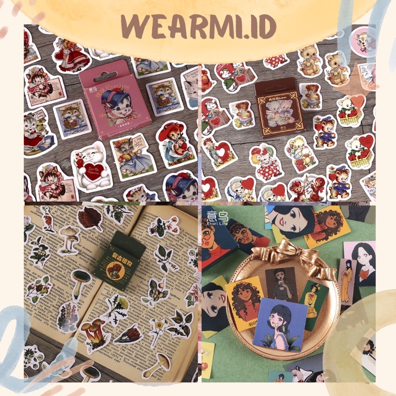 

46 pcs Sticker Box Deco Art Teddy Doll Flower Rose Girl Cat Vintagr Anime Scrapbook Bujo Jurnal DIY Wearmi