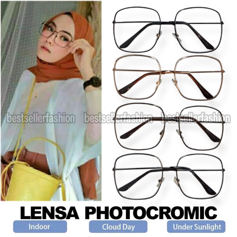 [STYLE] Kacamata Photocromic Frame Metal Frame Kotak Besar Wanita Pria Kacamata berubah Warna 2in1 Photochromic / Fotocromic / potokoromik Blueray Fashion Korean Frame Optik Vintage Resep Minus Unisex Kacamata Hitam Transparan